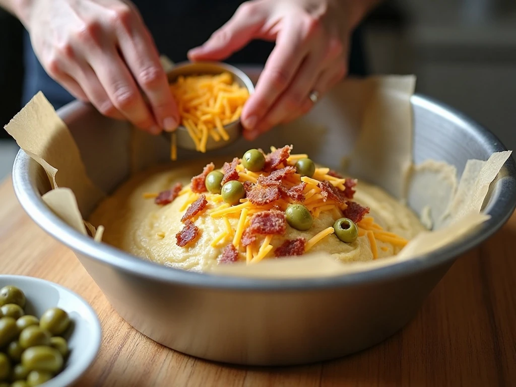 Folding olives, bacon, and cheese into quick bread batter