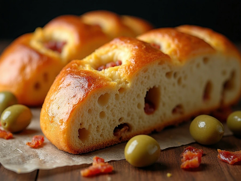 Close-up of the savory bread crumb with olives bacon and cheese