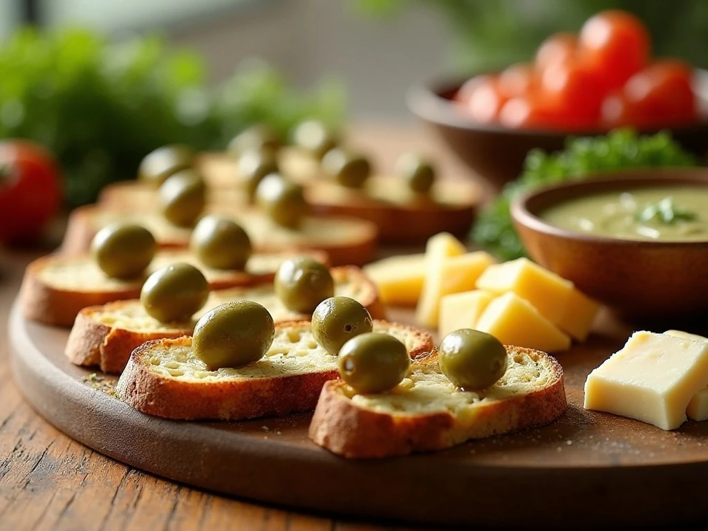 Olive bacon and cheese bread served with olives and cheese