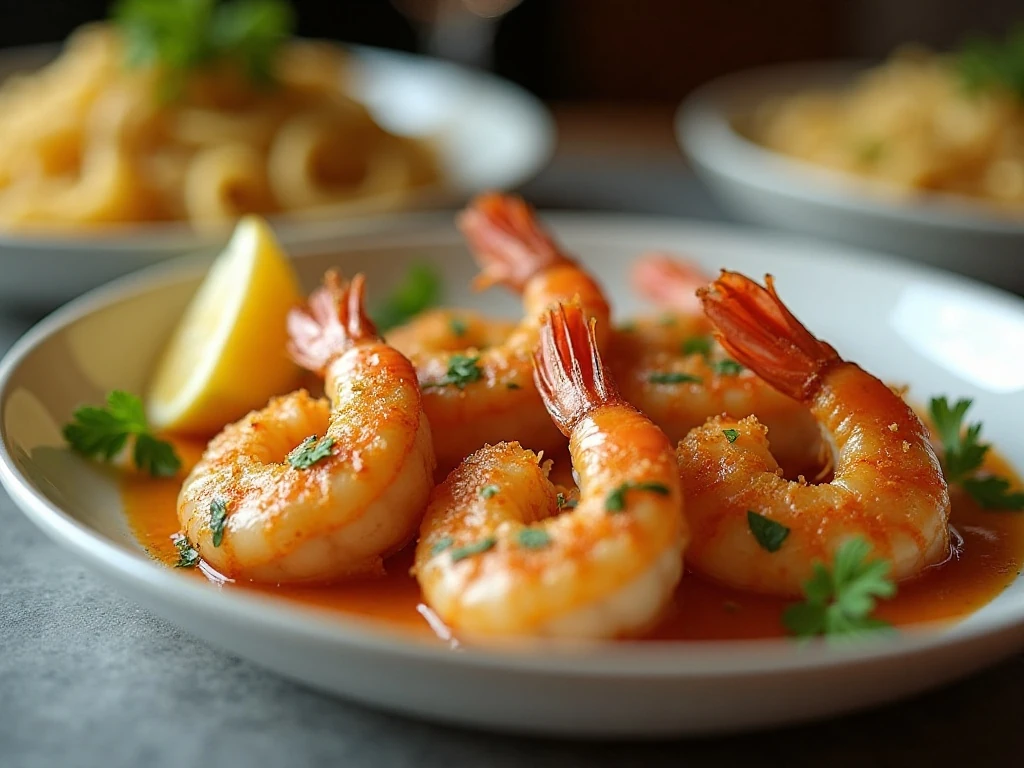 Golden baked Parmesan shrimp served with lemon and parsley