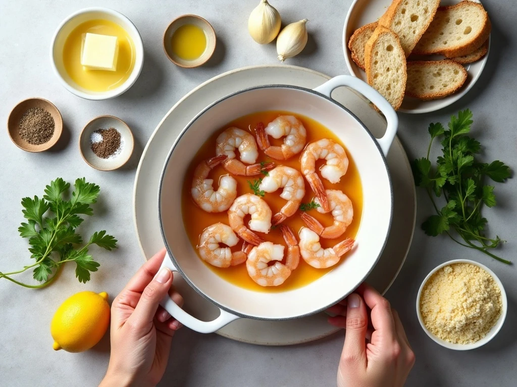 Ingredients for baked Parmesan shrimp arranged for cooking