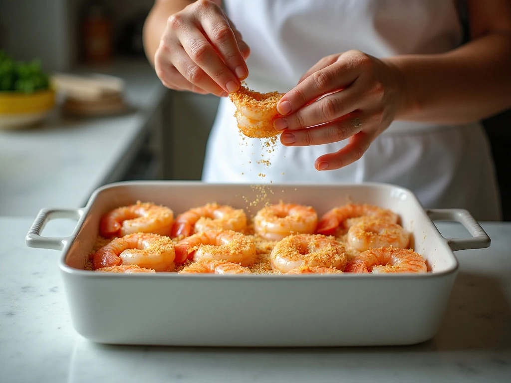 Shrimp being coated and topped with Parmesan breadcrumbs before baking