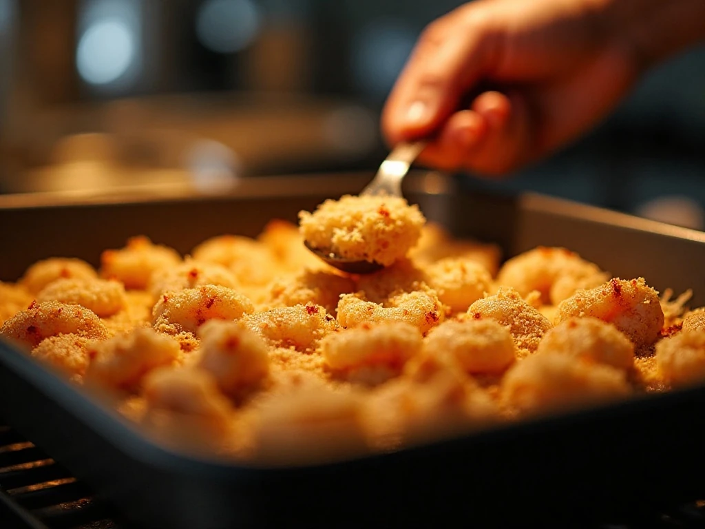 Golden Parmesan topping browning on baked shrimp
