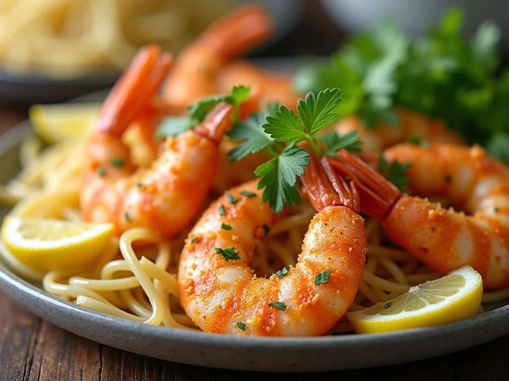 Baked Parmesan shrimp served with spaghetti, salad, parsley, and lemon