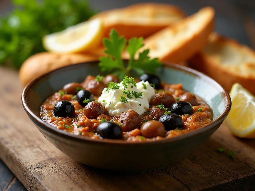 Olive tapenade with feta served with toasted bread and pita