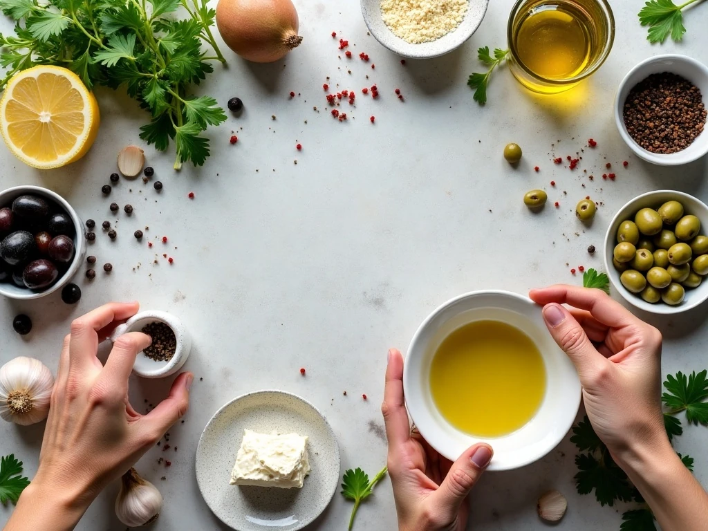 Ingredients for easy olive tapenade with feta