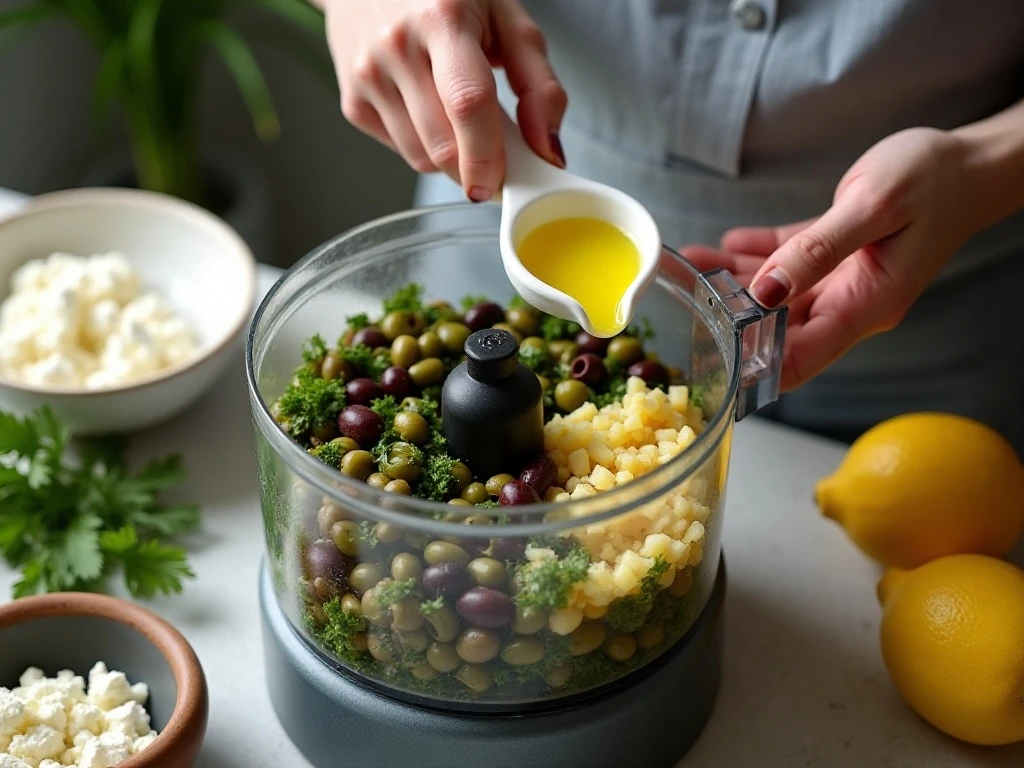 Preparing chunky olive tapenade in a food processor