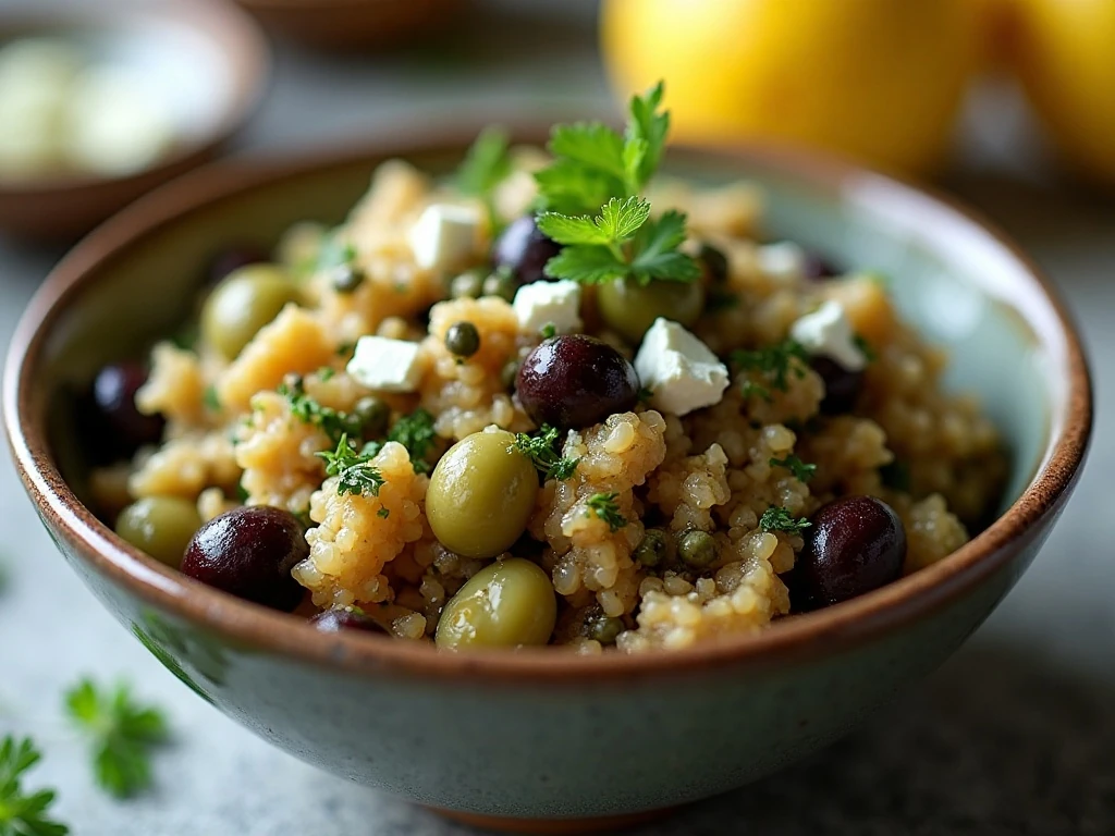 Close-up of textured olive tapenade with feta and parsley