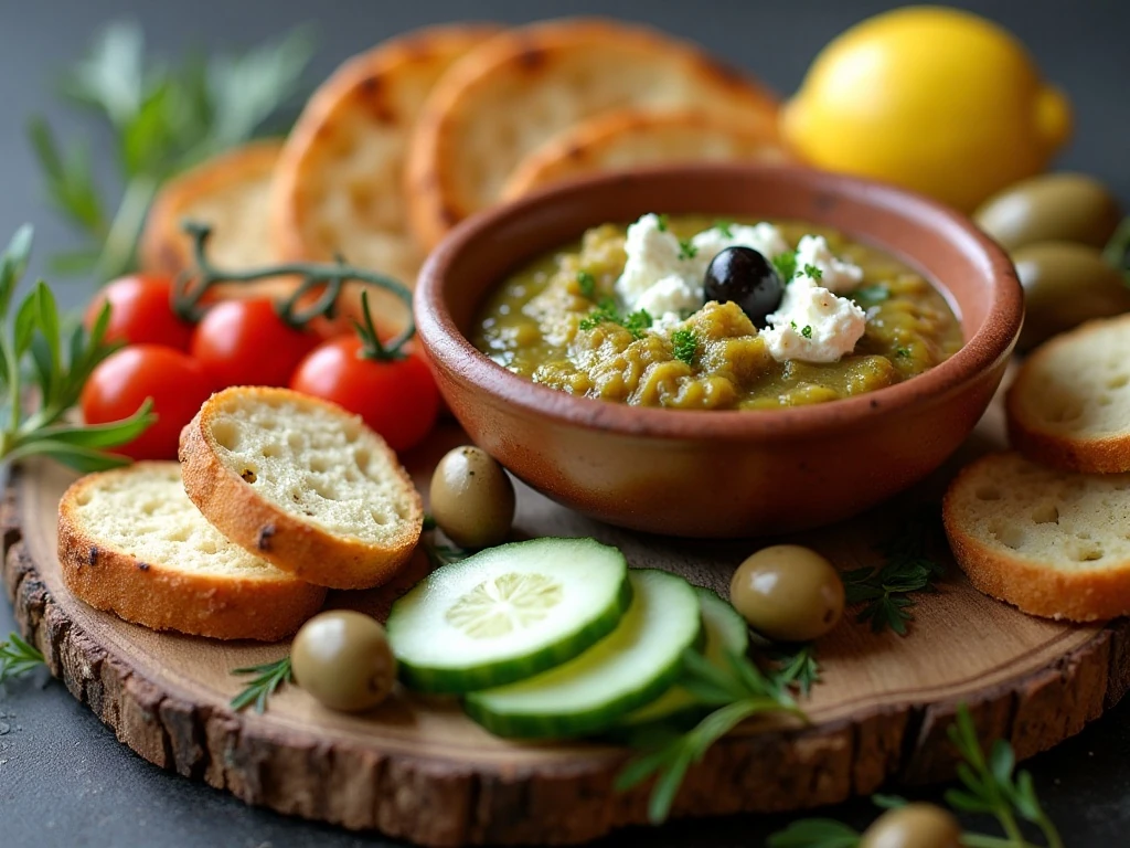 Olive tapenade appetizer board with bread and vegetables