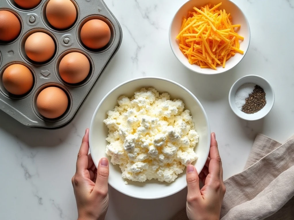Eggs cottage cheese and shredded cheese for omelet bites