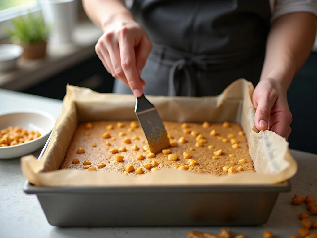Thick butterscotch blondie batter spread in a square pan