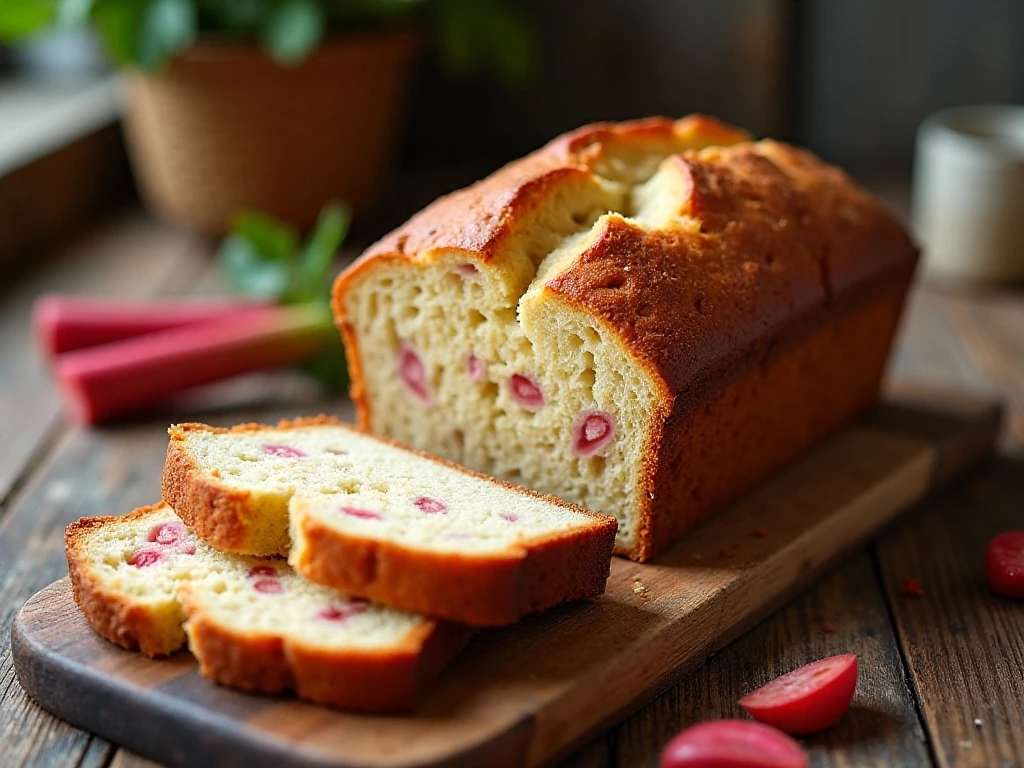 Sliced rustic rhubarb bread with a golden cinnamon-sugar crust