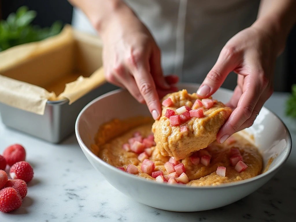 Folding diced rhubarb into quick bread batter