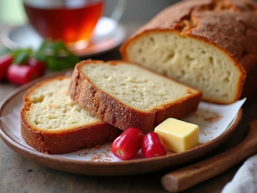 Rhubarb bread slice served with butter and tea