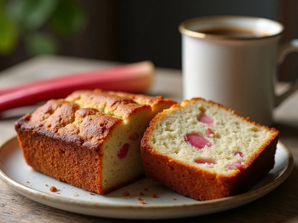 Sliced rustic rhubarb bread served with coffee