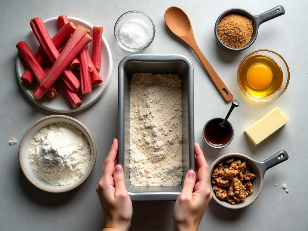 Ingredients for one-bowl rustic rhubarb bread