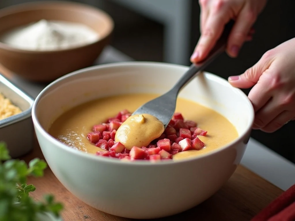 Folding chopped rhubarb into quick bread batter