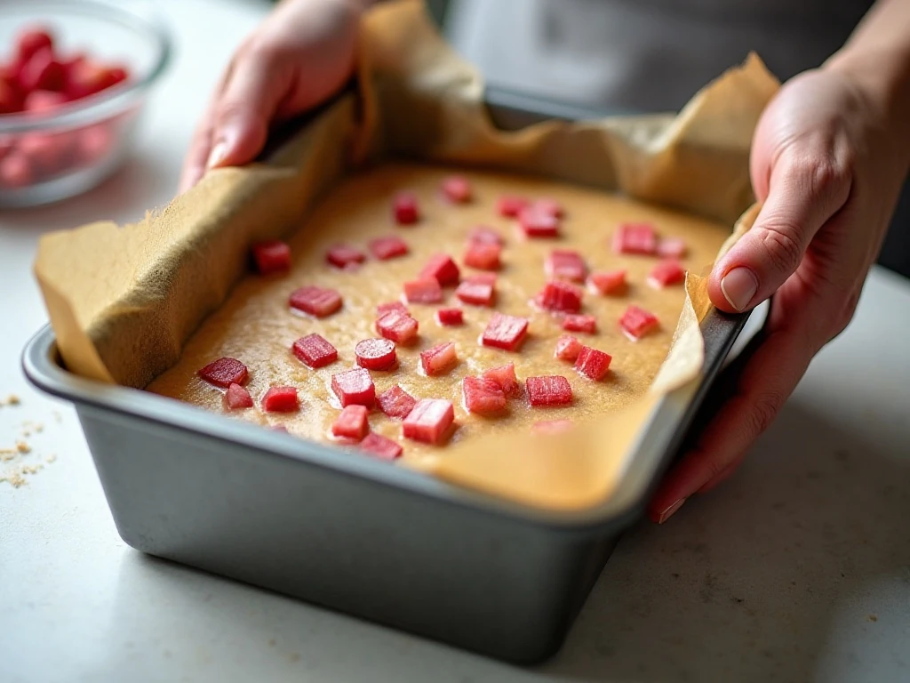 Rhubarb bread batter in a prepared loaf pan