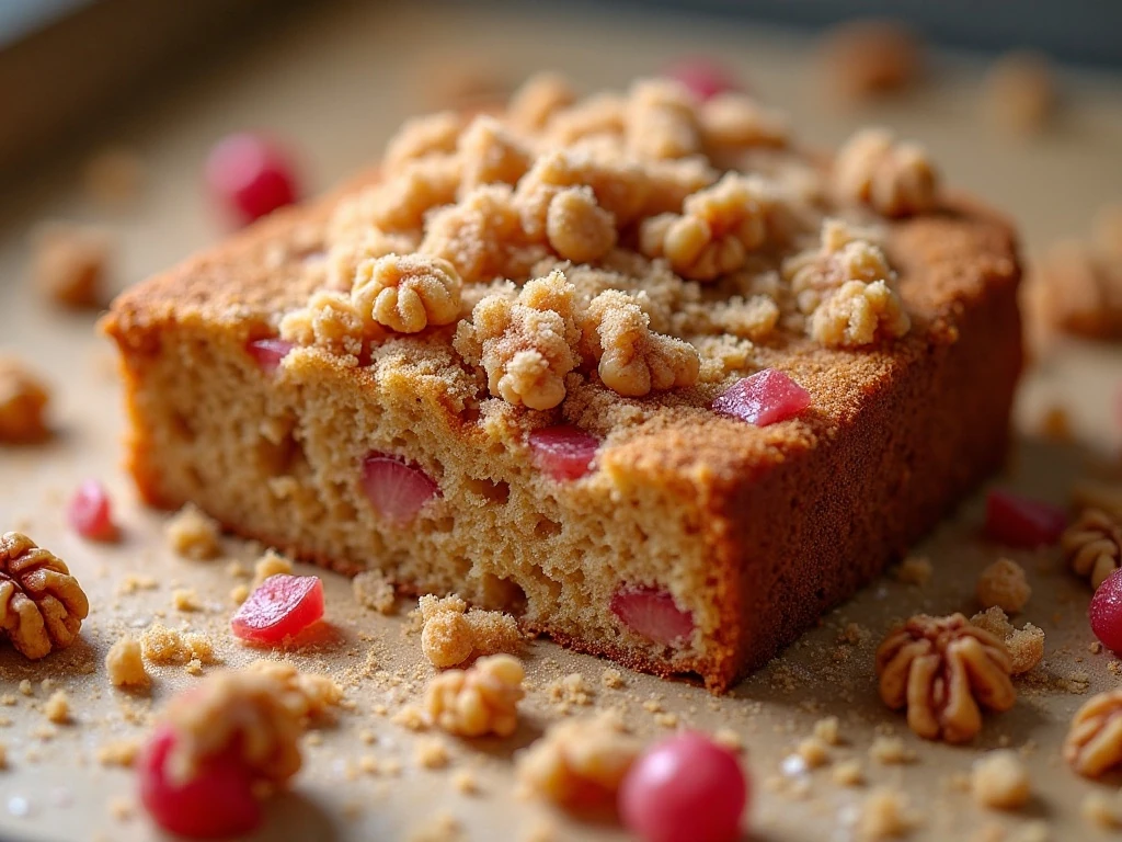 Cinnamon walnut topping on rhubarb bread