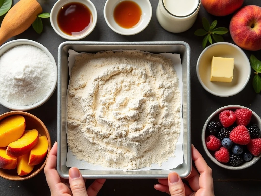 Ingredients for an easy one-cup fruit cobbler arranged beside a baking dish