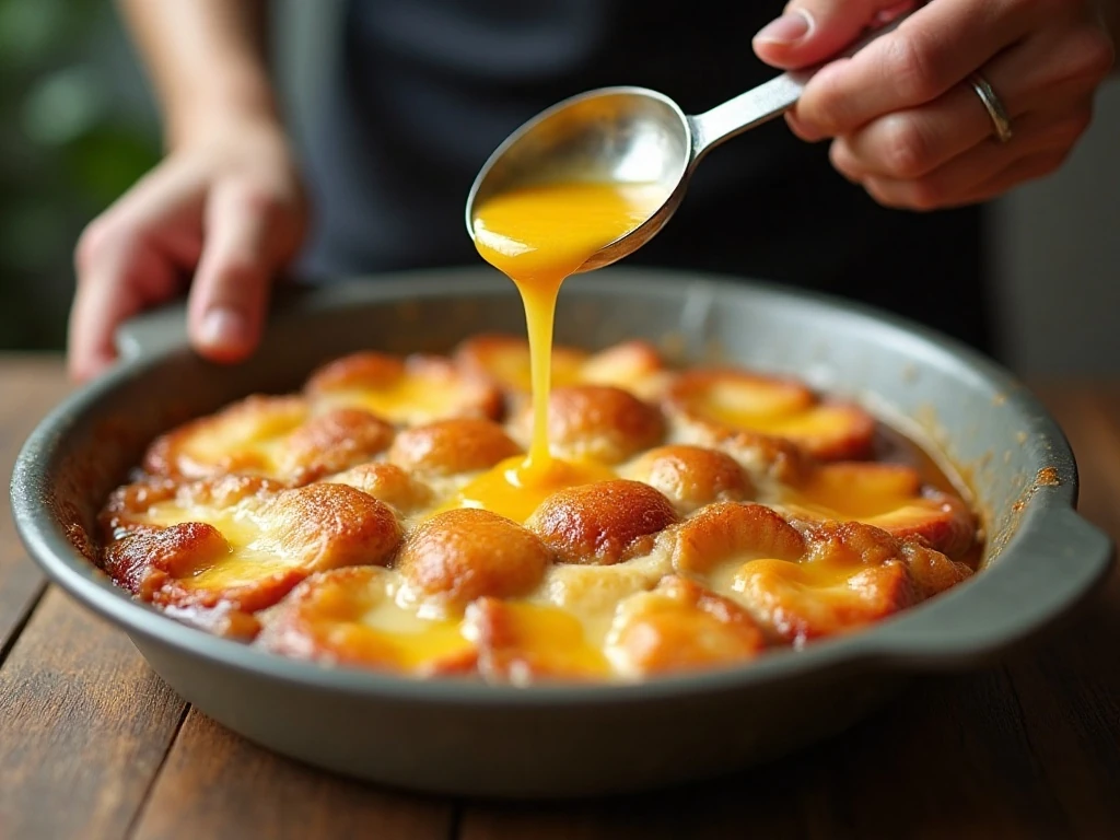 Fruit spooned over cobbler batter without stirring