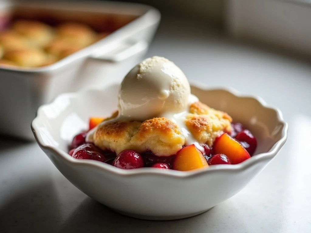 Warm one-cup fruit cobbler served with vanilla ice cream