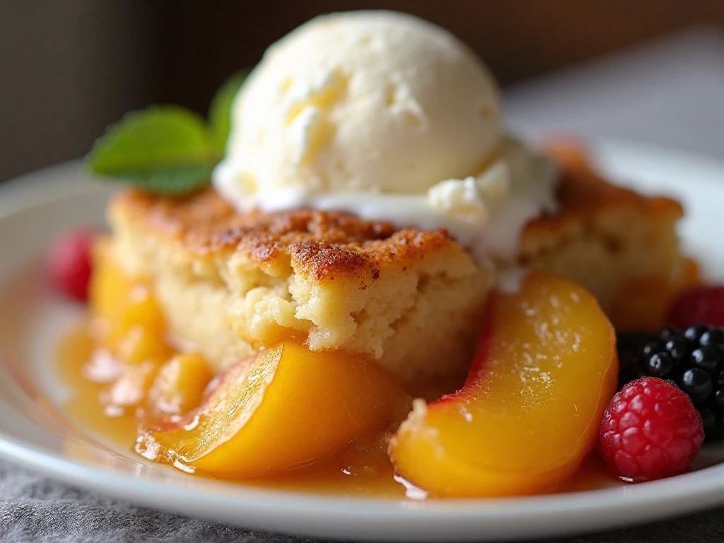 Close-up of leftover fruit cobbler reheated and topped with ice cream