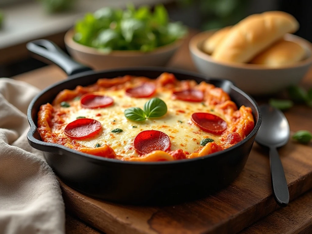 One-dish pepperoni pizza bake served for a family dinner