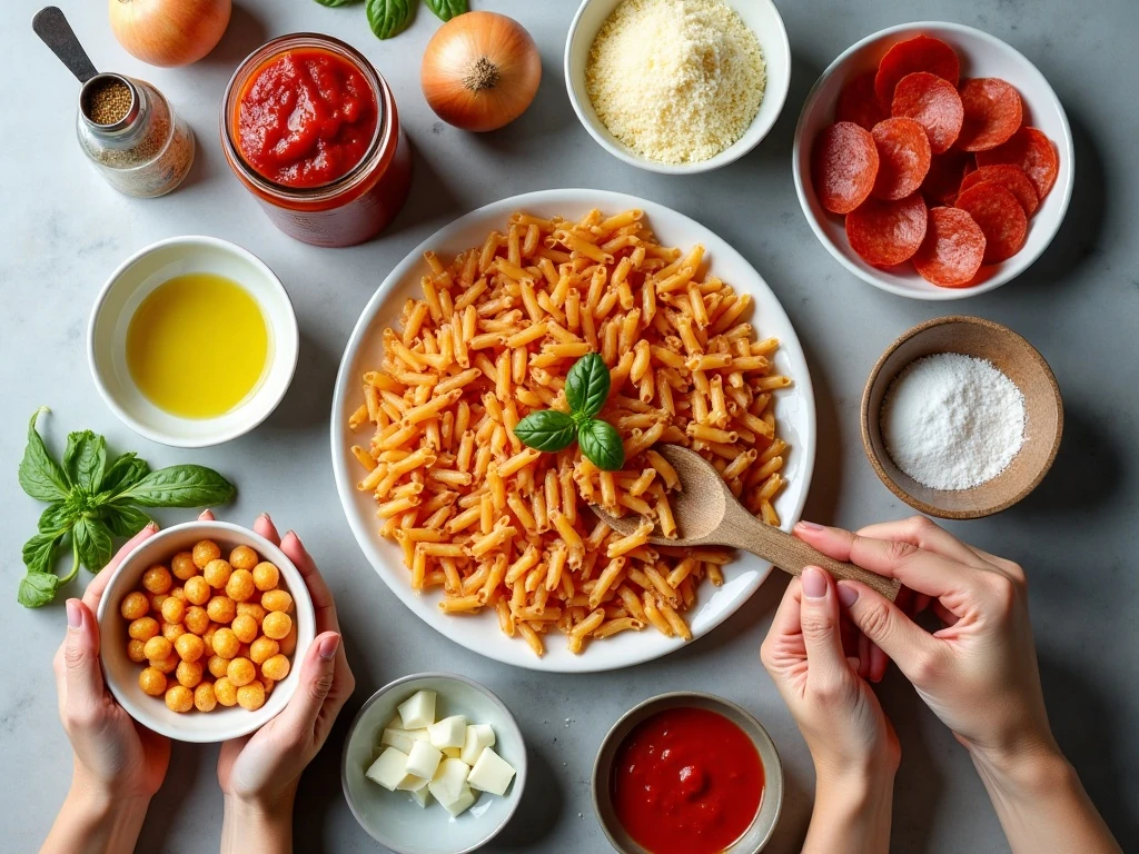 Ingredients for an easy one-dish pepperoni pizza bake