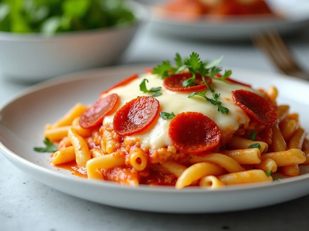 A plated serving of leftover-friendly pepperoni pizza pasta bake