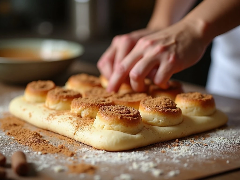 Preparing cinnamon filling on rolled-out cinnamon roll dough