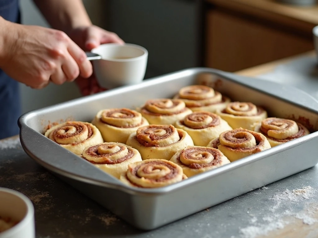 Evenly sliced cinnamon rolls arranged in a baking pan