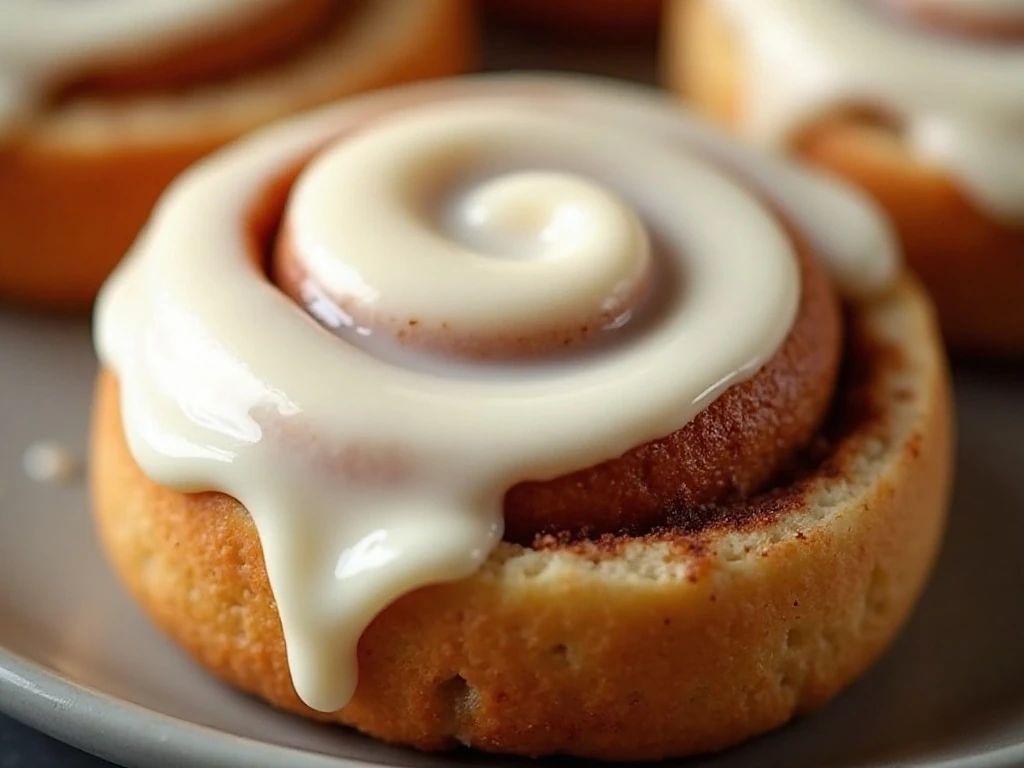 Cream cheese frosting melting over warm cinnamon rolls