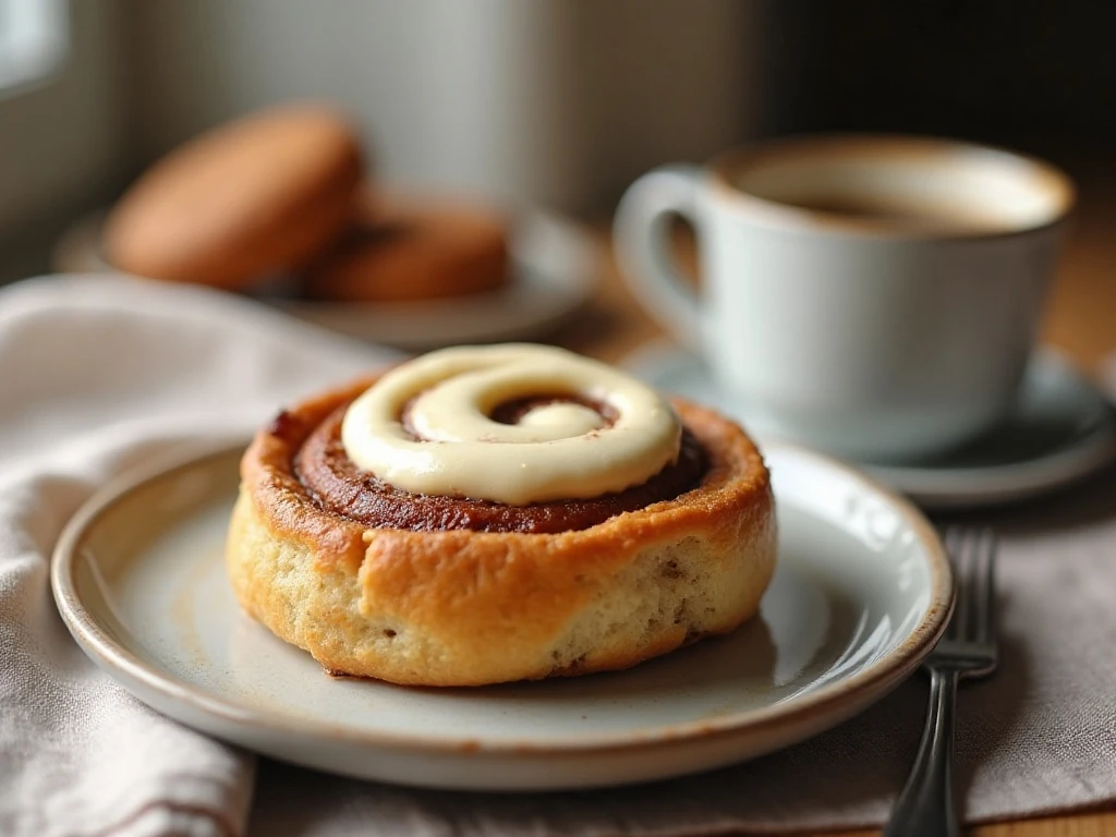 Warm cinnamon roll served with coffee