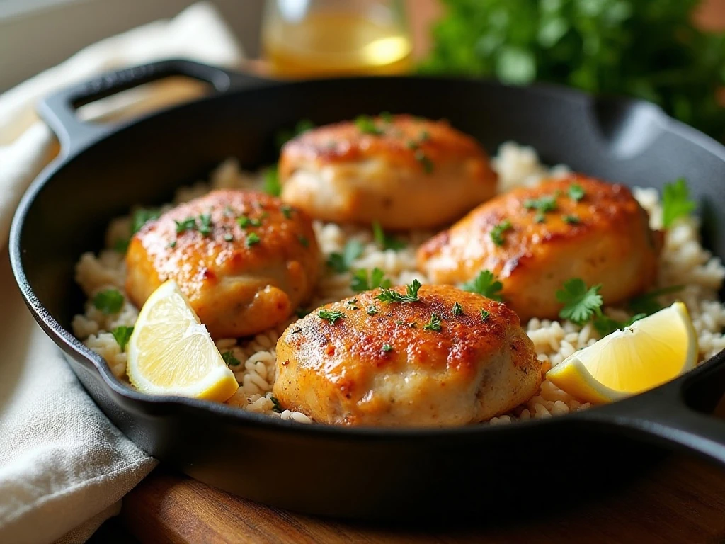 Golden chicken thighs served over fluffy rice in a one-pan dinner