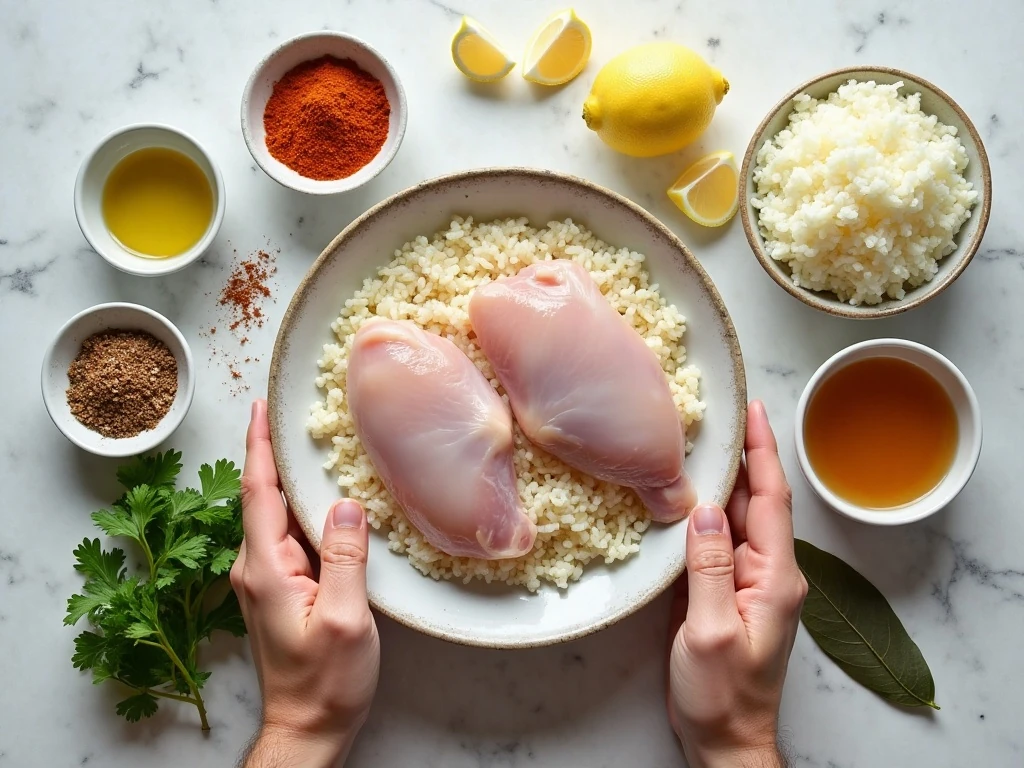 Ingredients for easy one-pan chicken and rice