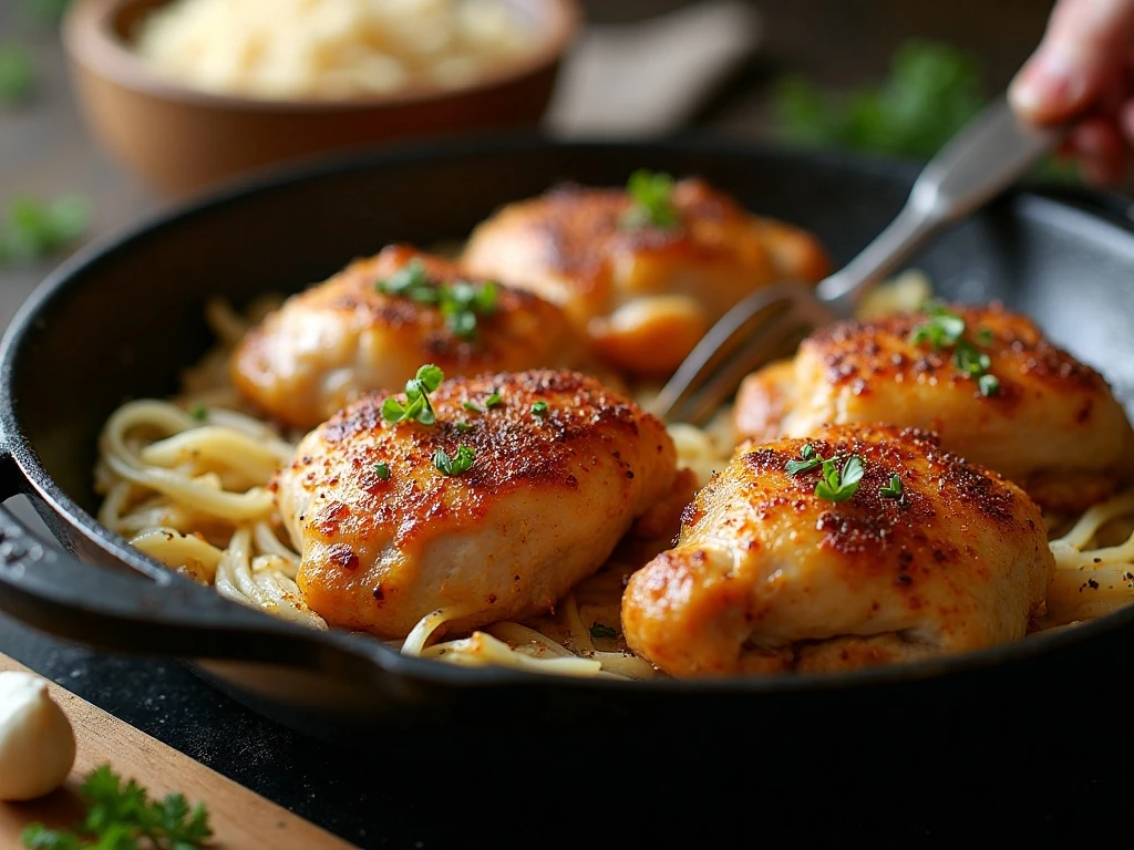 Chicken thighs searing in a skillet before baking with rice
