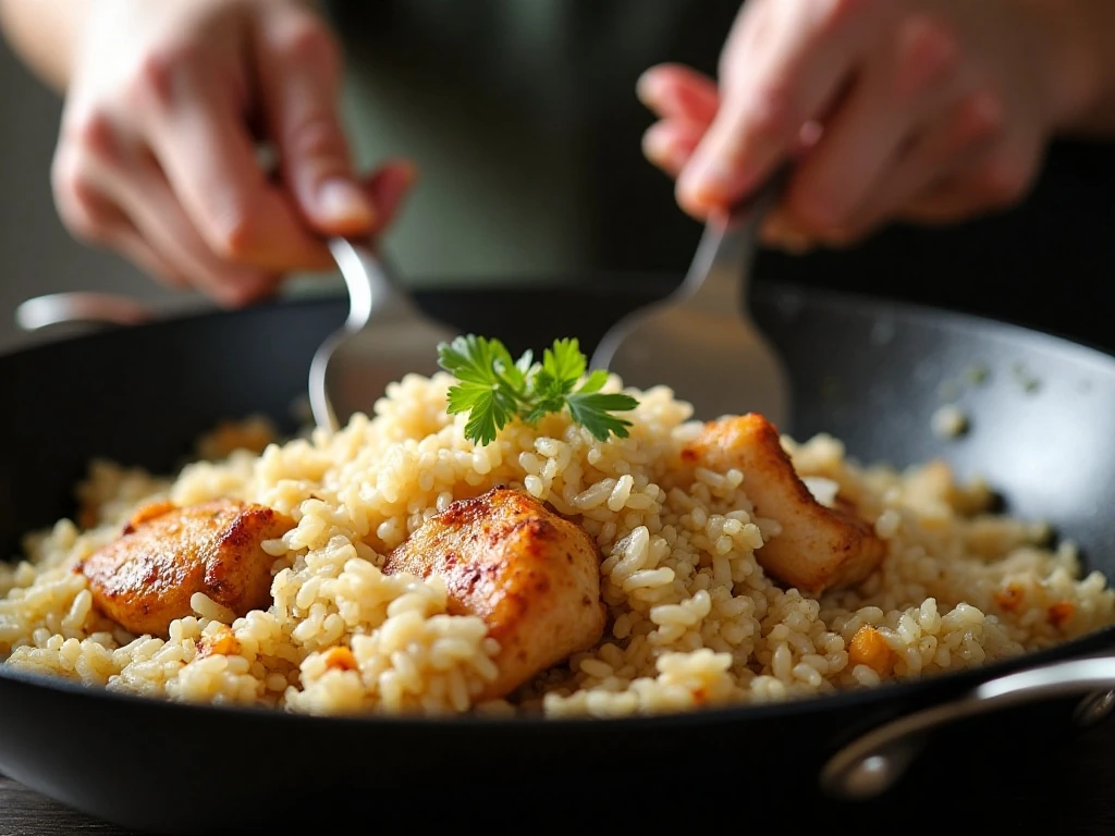 Toasting rice with onion and garlic in a skillet