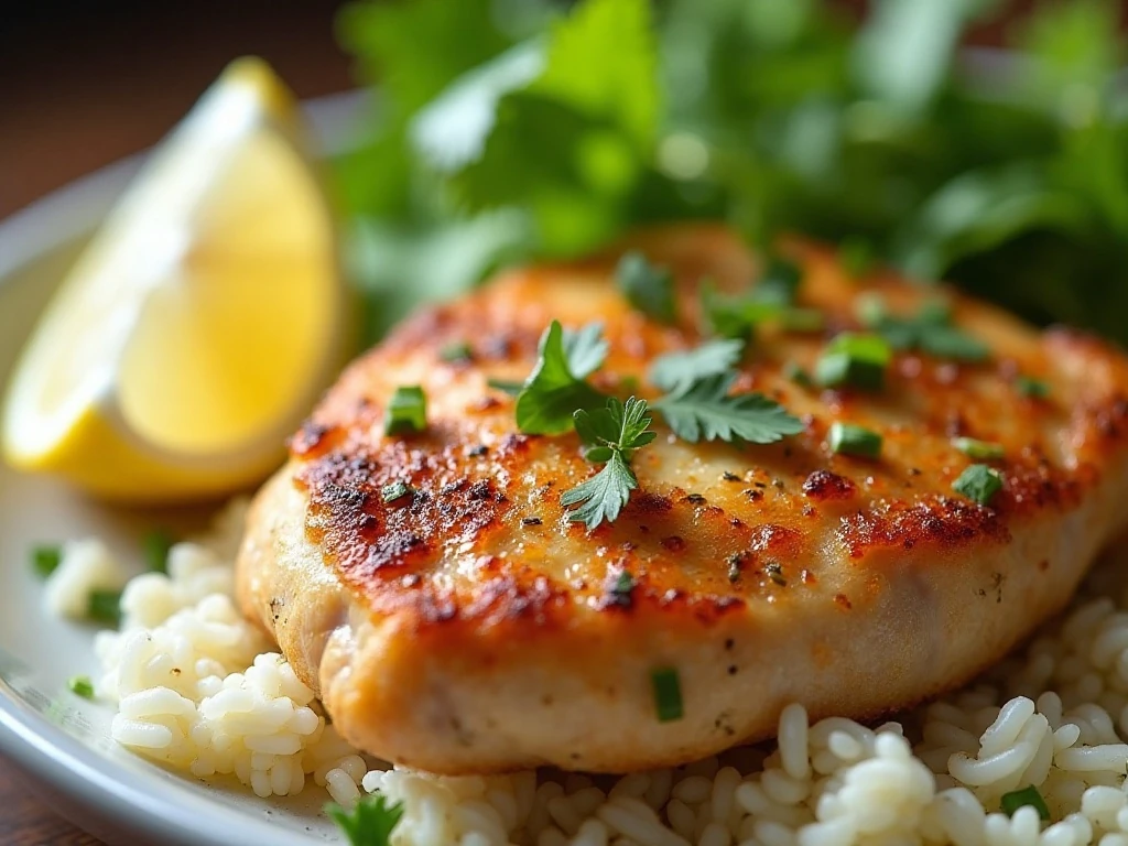 Chicken and rice garnished with parsley and lemon