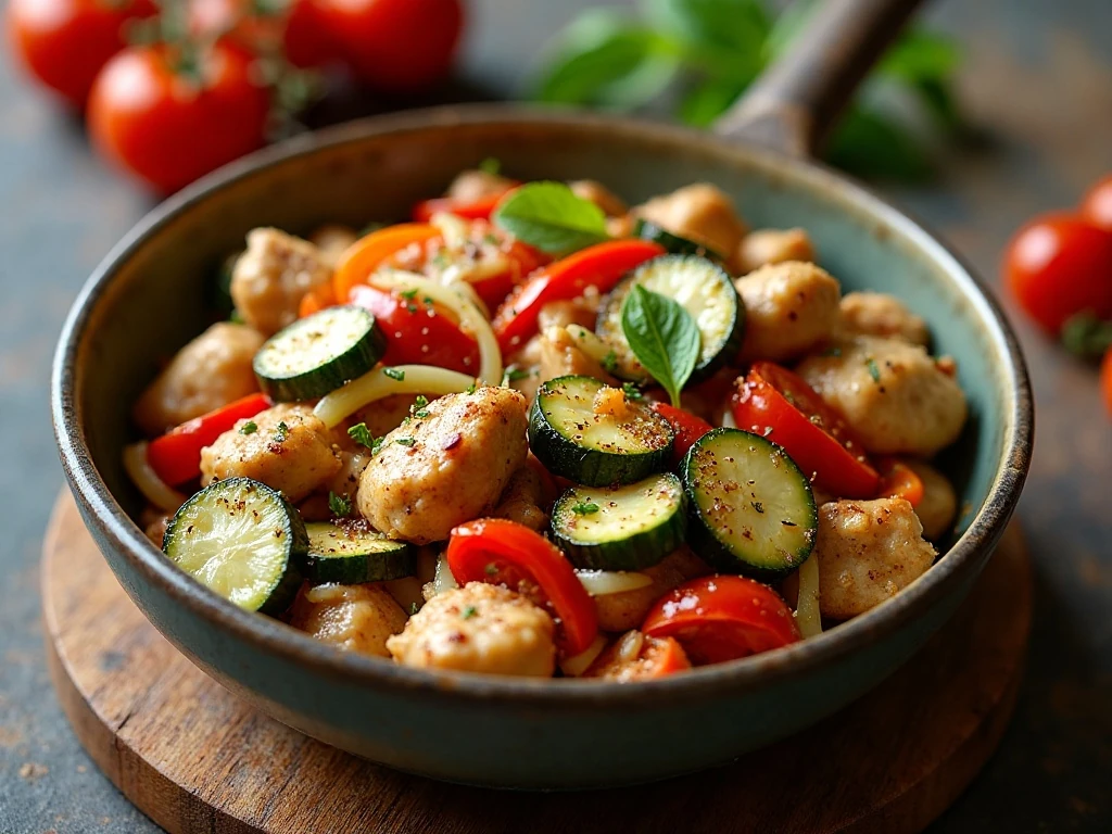 Colorful one-pan chicken and vegetables skillet ready for dinner