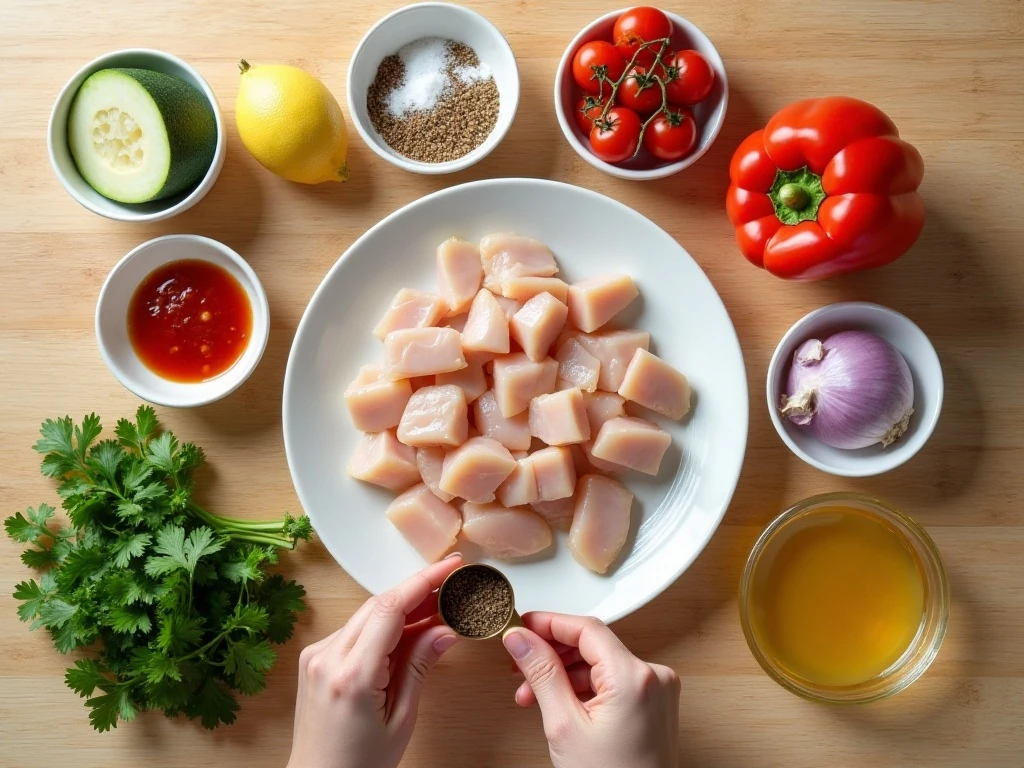 Fresh ingredients for one-pan chicken and vegetables skillet