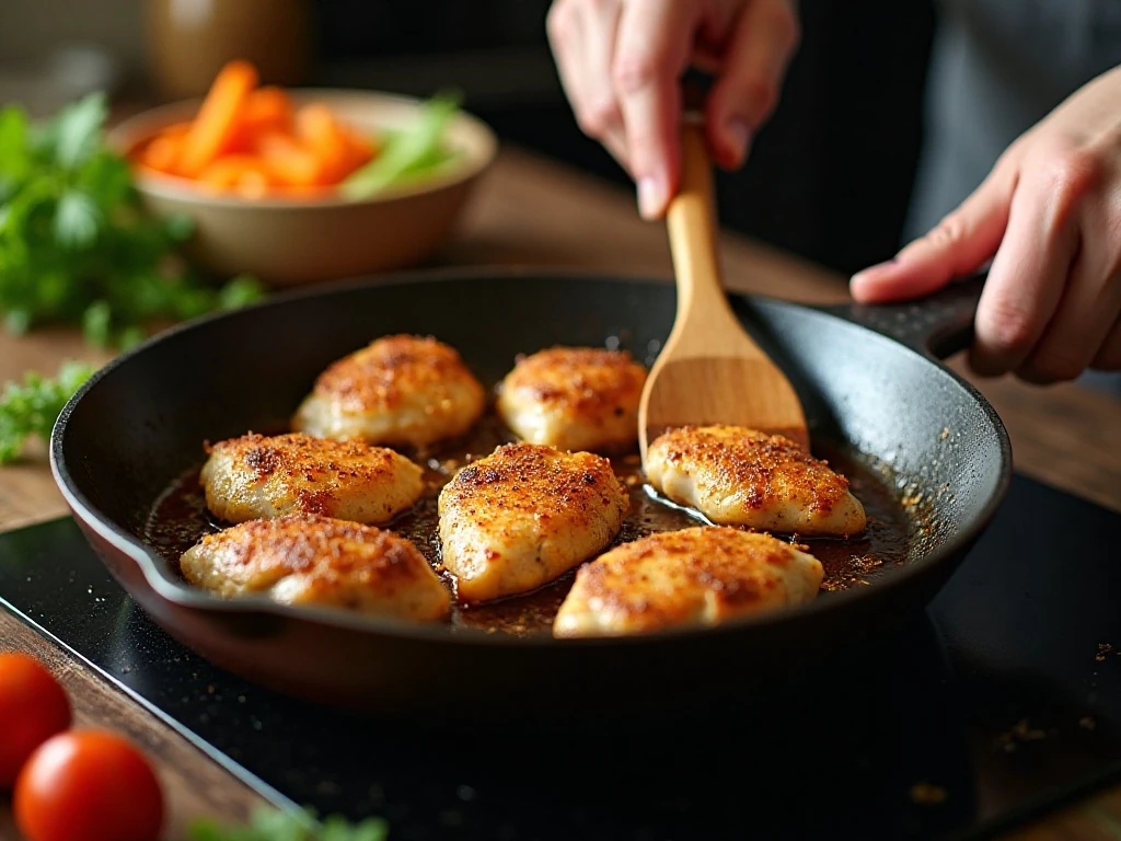 Chicken browning in a skillet before vegetables are added