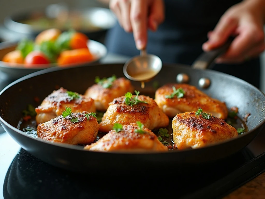 Chicken arranged in a single layer for proper skillet browning