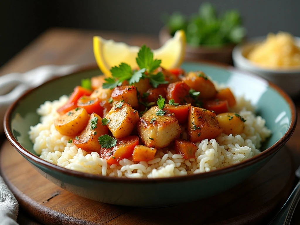 Chicken and vegetables skillet served over rice with lemon and parsley