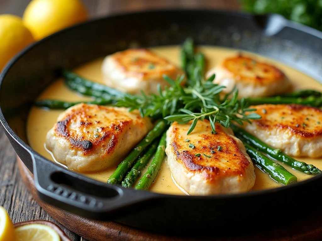 One-pan creamy lemon chicken and asparagus in a skillet