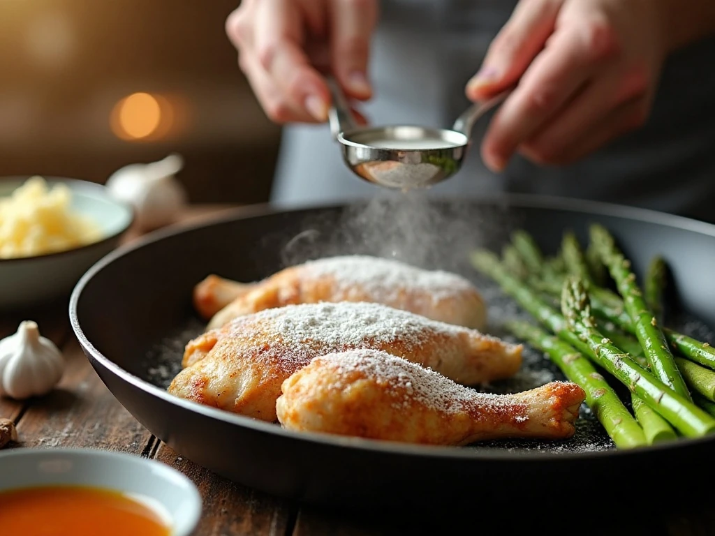 Chicken and asparagus cooking in one skillet