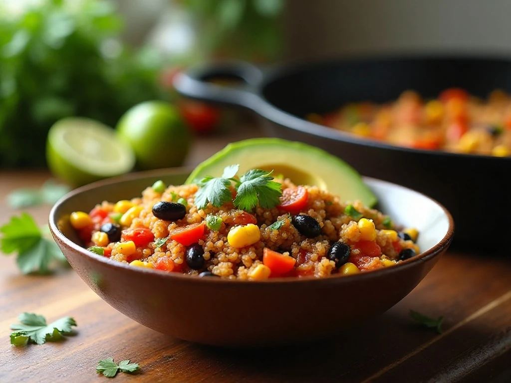 Colorful one-pan Mexican quinoa served with avocado, cilantro, and lime