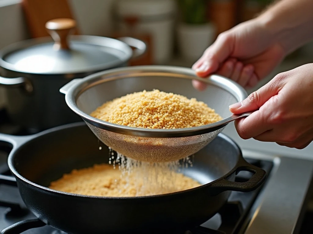 Rinsed quinoa and covered skillet for even cooking