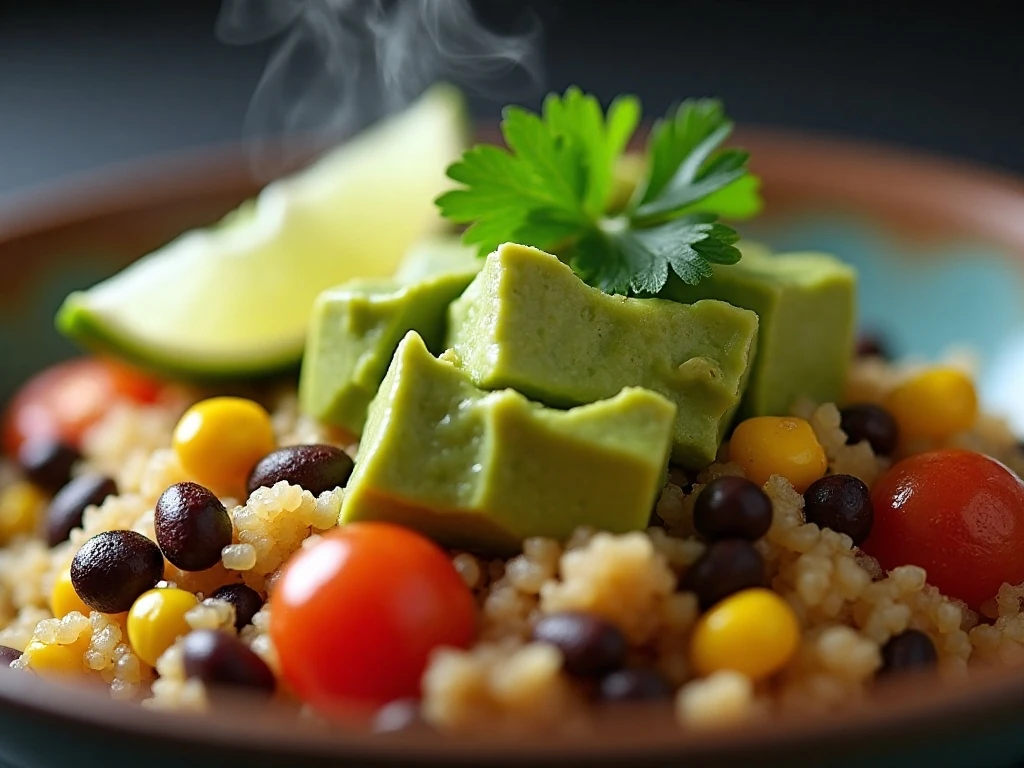 Close-up of avocado, cilantro, and lime garnishing Mexican quinoa