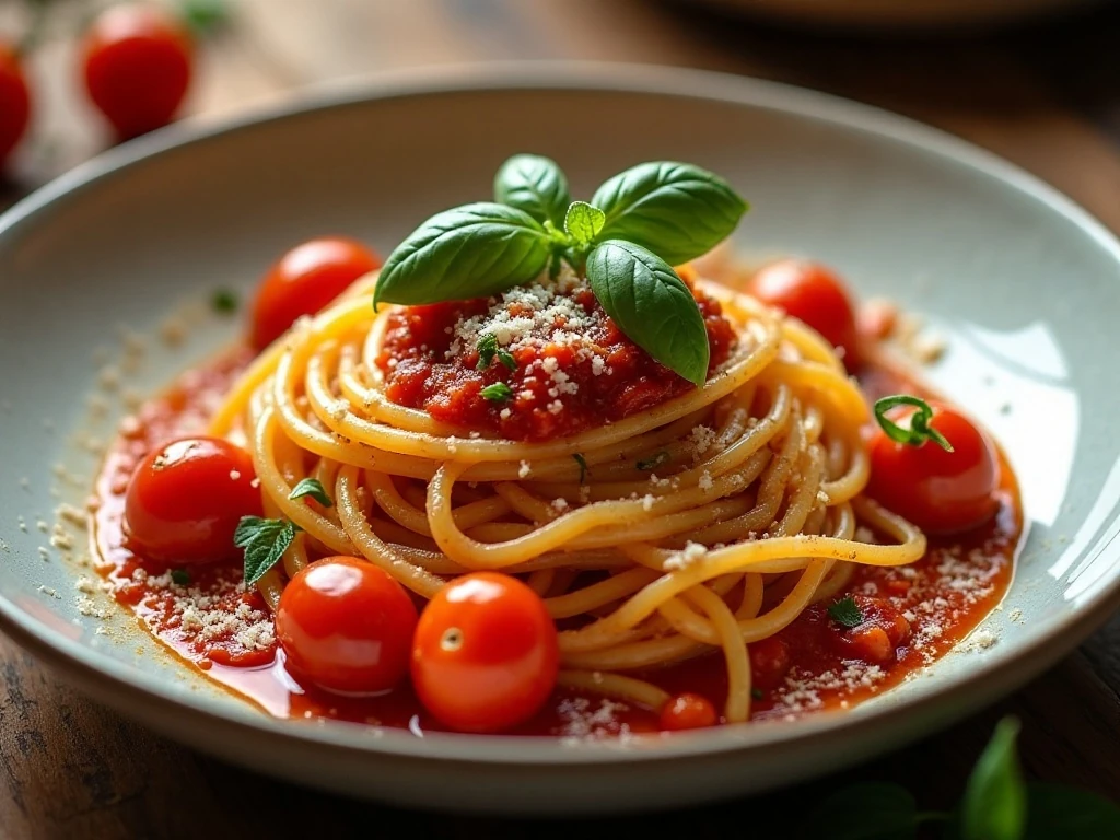 Glossy one-pan pasta with tomatoes, basil, onion, garlic, and Parmesan
